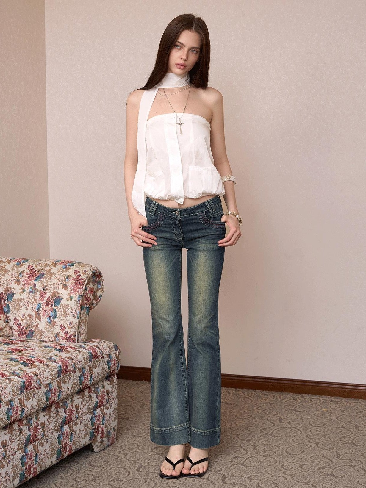 The NeverMore Sheer Utility Zipper Cropped Ribbon Vintage Slim Fit Women&