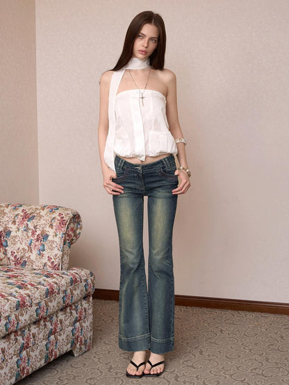 The NeverMore Sheer Utility Zipper Cropped Ribbon Vintage Slim Fit Women&