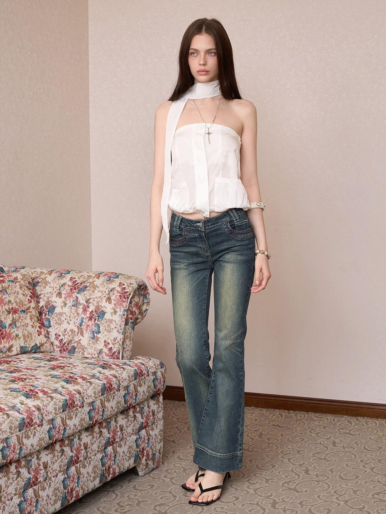 The NeverMore Sheer Utility Zipper Cropped Ribbon Vintage Slim Fit Women&