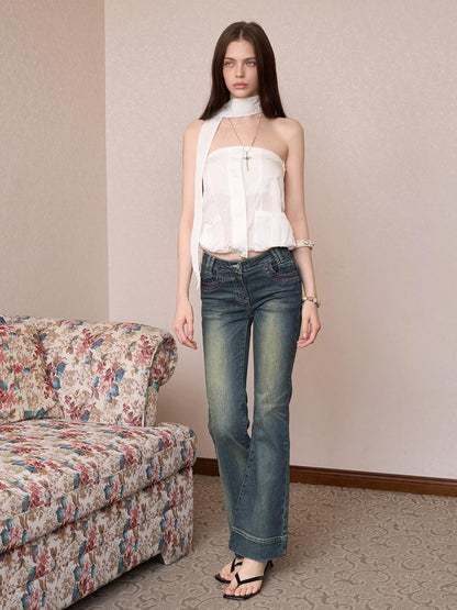 The NeverMore Sheer Utility Zipper Cropped Ribbon Vintage Slim Fit Women&