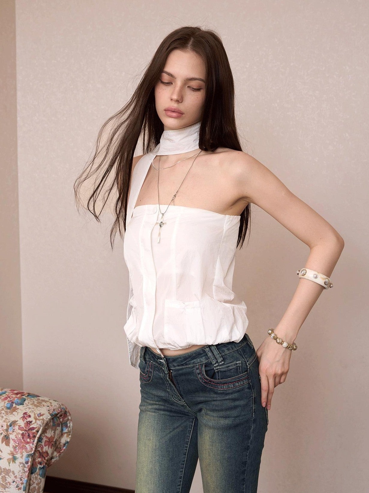 The NeverMore Sheer Utility Zipper Cropped Ribbon Vintage Slim Fit Women&