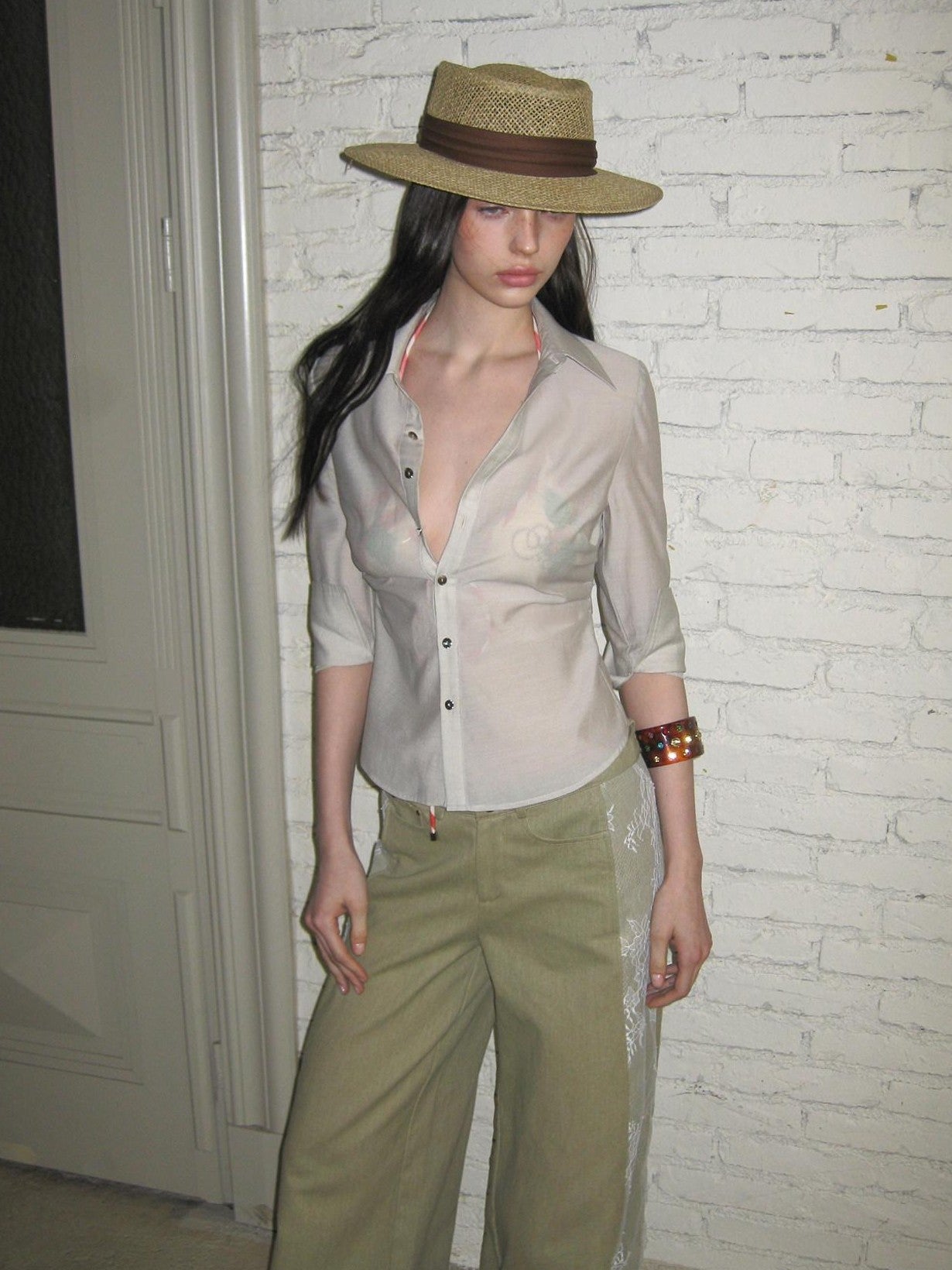 The NeverMore Sheer Vintage Utility Cinched Waist Mid Sleeve Women&