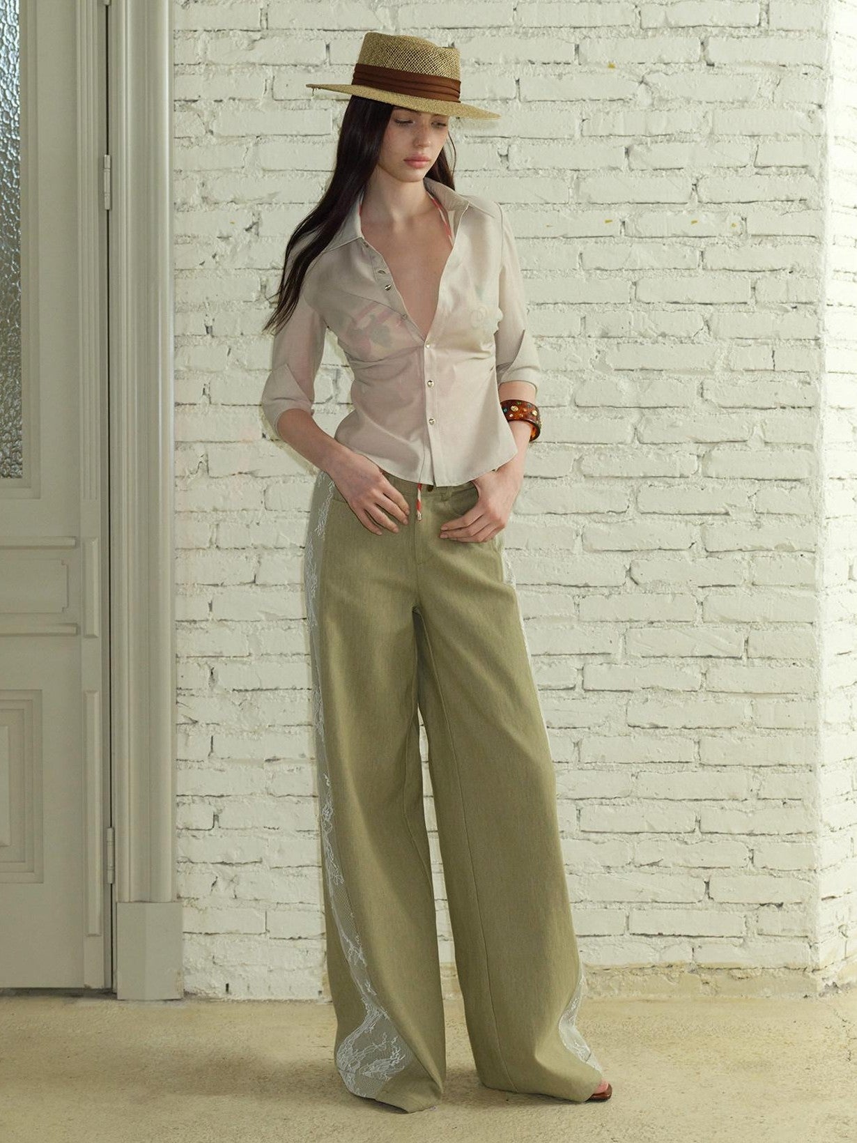 The NeverMore Sheer Vintage Utility Cinched Waist Mid Sleeve Women&