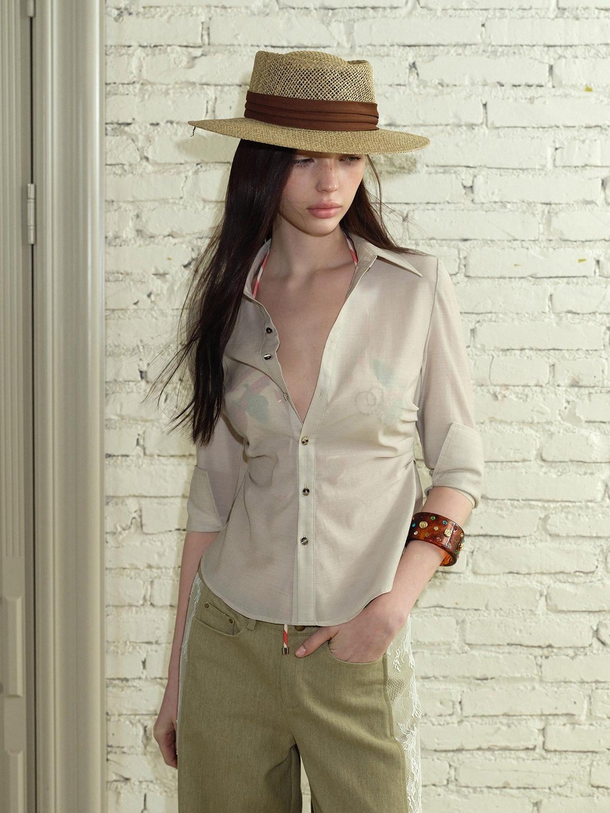 The NeverMore Sheer Vintage Utility Cinched Waist Mid Sleeve Women&