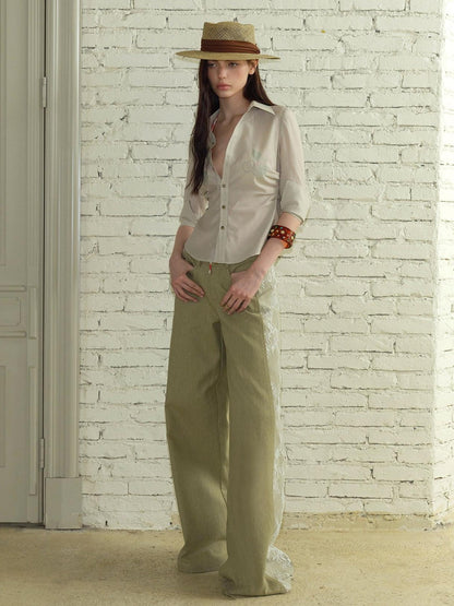 The NeverMore Sheer Vintage Utility Cinched Waist Mid Sleeve Women&