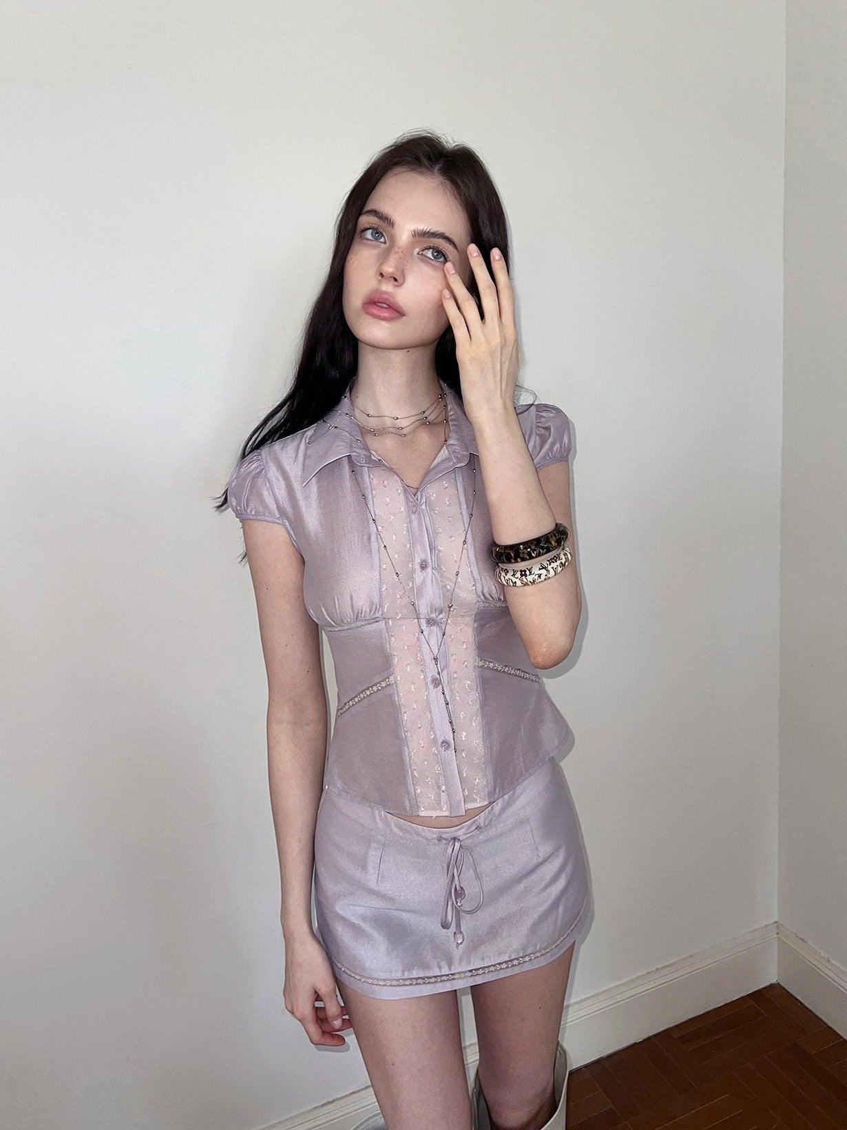 The NeverMore Short Sleeve Shirt Low Waist Skirt Women&
