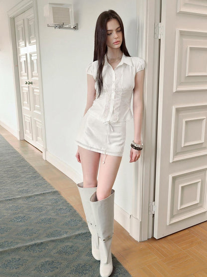 The NeverMore Short Sleeve Shirt Low Waist Skirt Women&