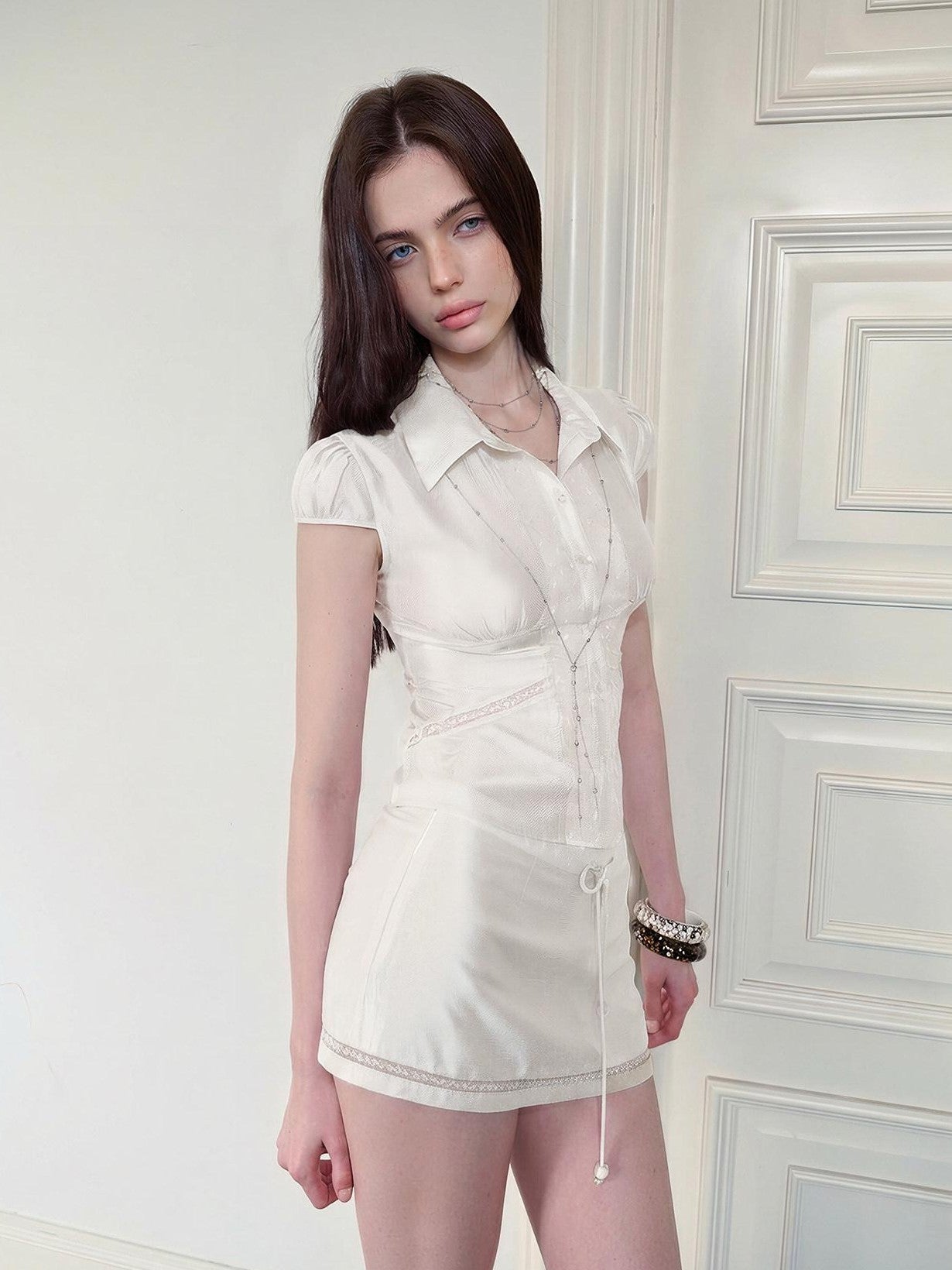 The NeverMore Short Sleeve Shirt Low Waist Skirt Women&