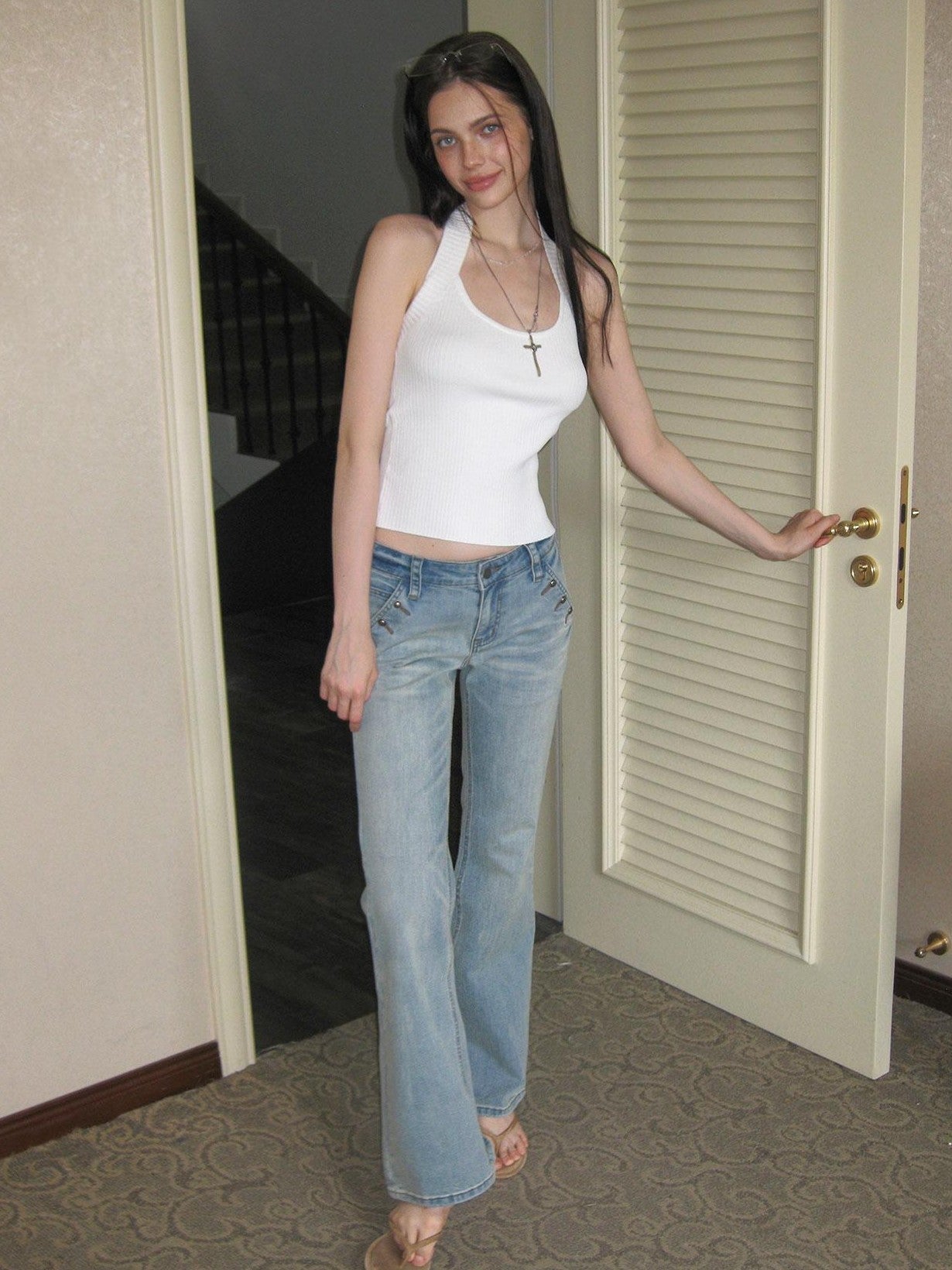 The NeverMore Solid Ribbed Wide Shoulder Strap Slim Fit U Neck Women&
