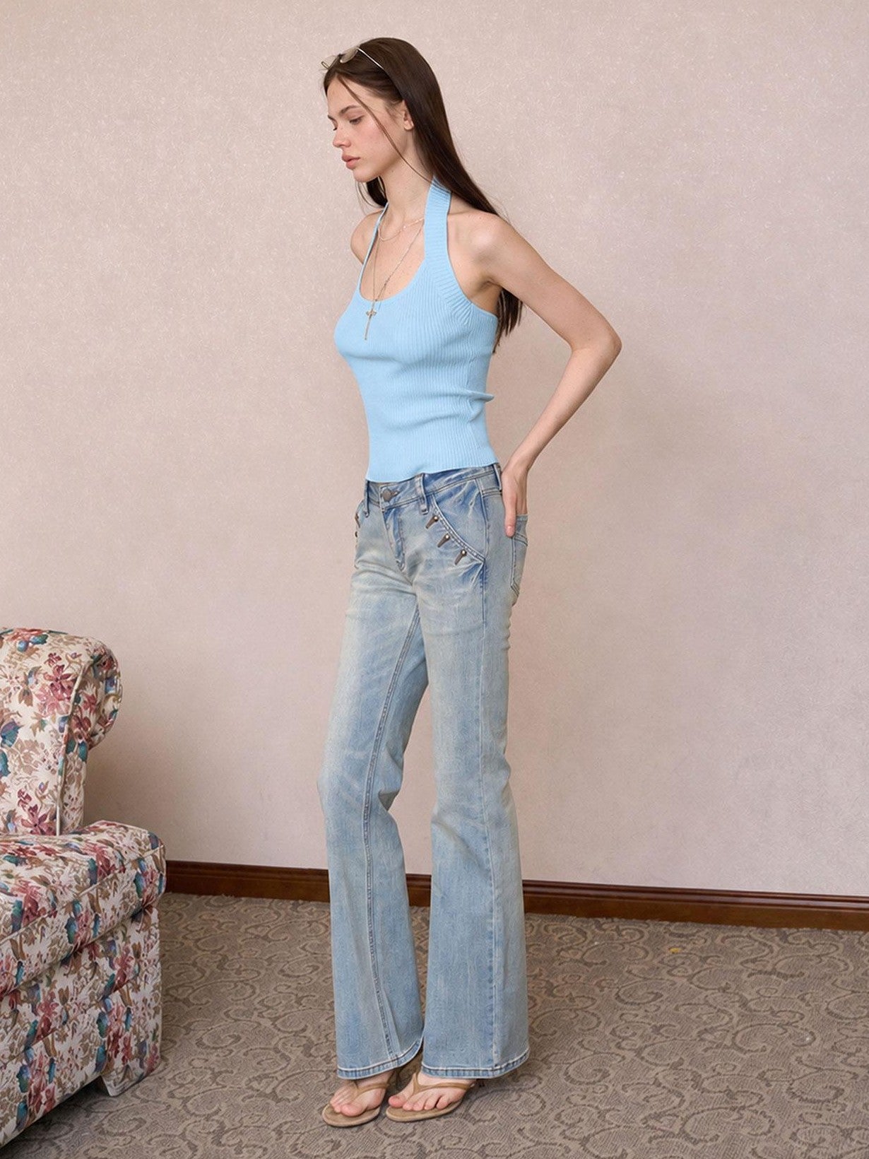 The NeverMore Solid Ribbed Wide Shoulder Strap Slim Fit U Neck Women&