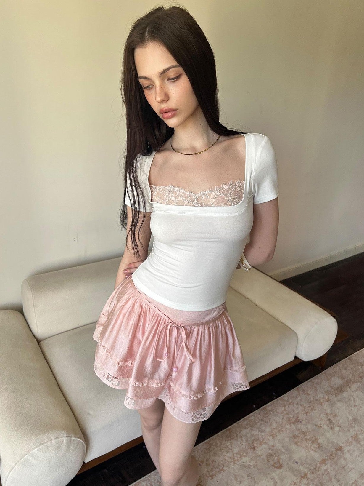 The NeverMore Square Neck Lace Splice Slim Fit Women&