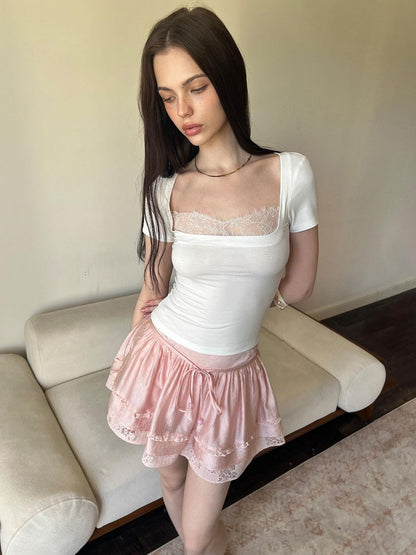 The NeverMore Square Neck Lace Splice Slim Fit Women&