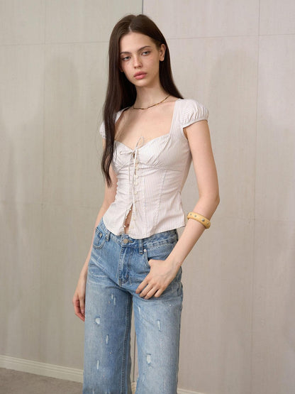 The NeverMore Striped Square Neck Puff Sleeve Slim Women&