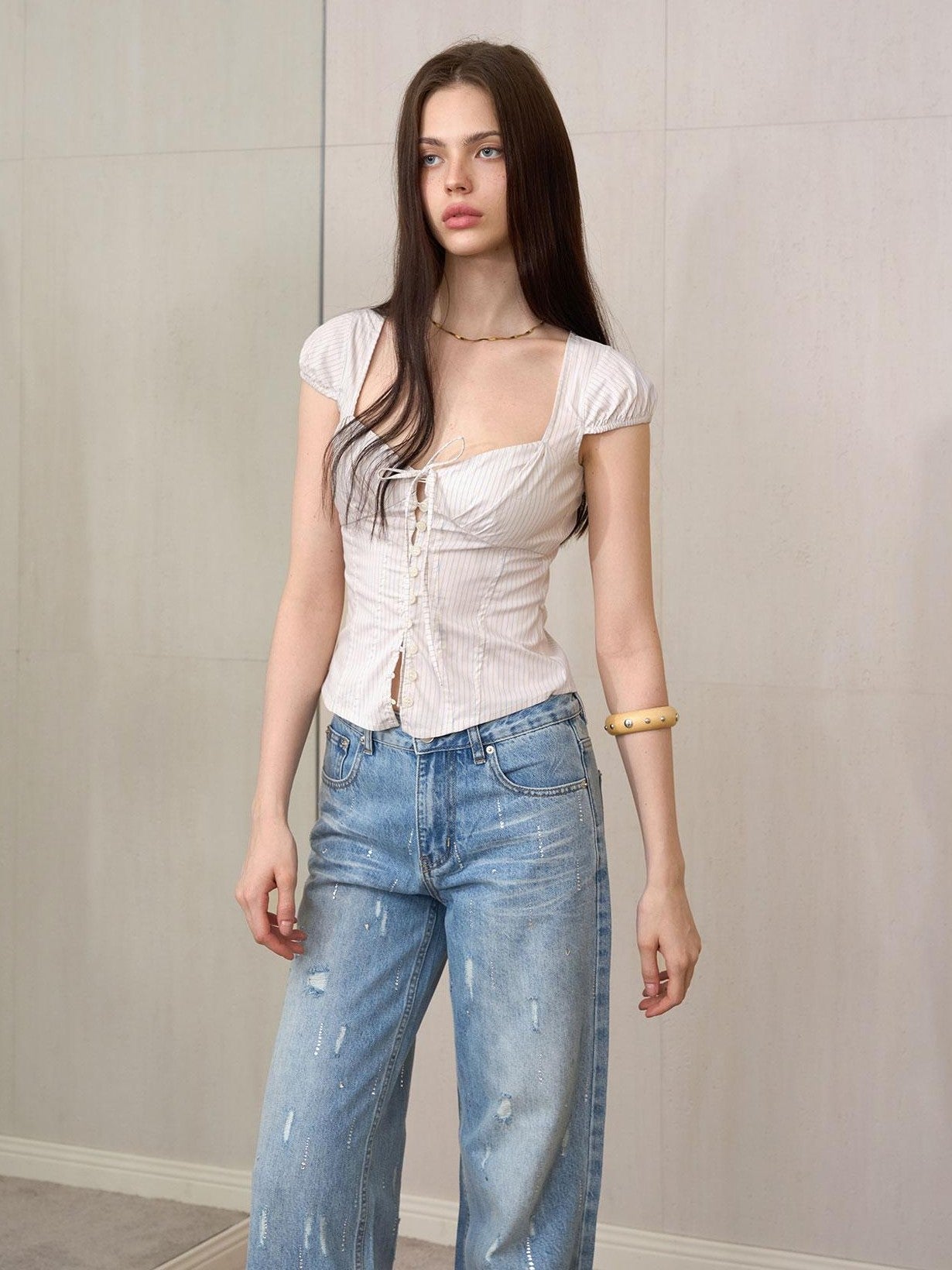 The NeverMore Striped Square Neck Puff Sleeve Slim Women&