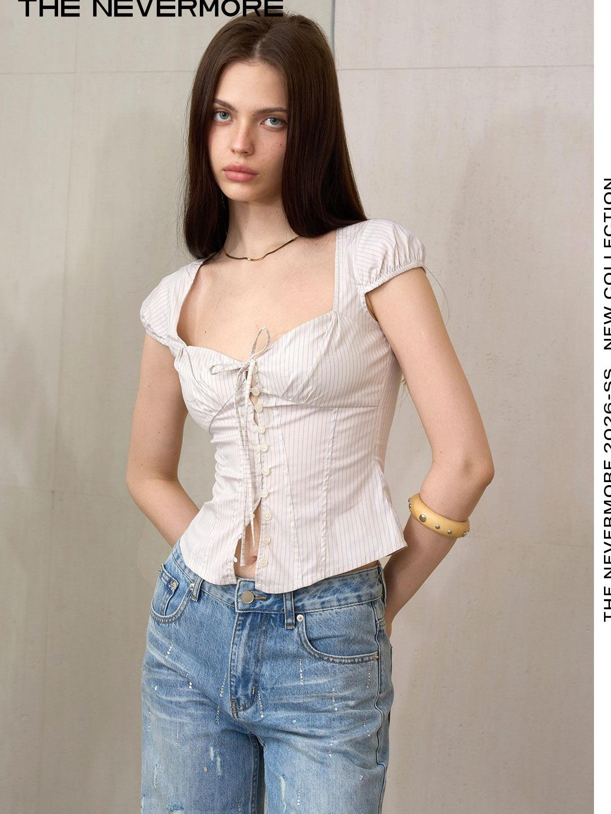 The NeverMore Striped Square Neck Puff Sleeve Slim Women&
