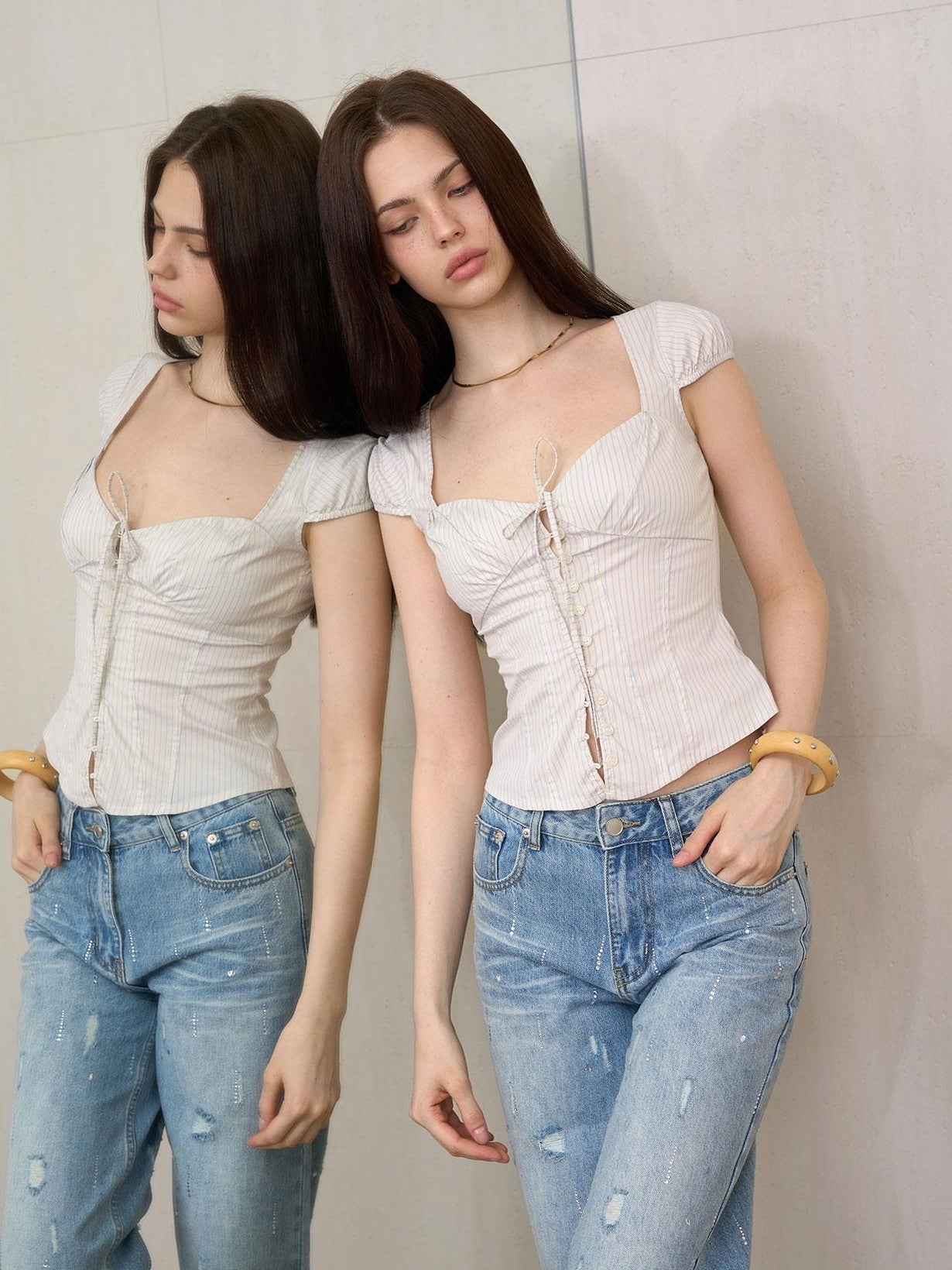 The NeverMore Striped Square Neck Puff Sleeve Slim Women&