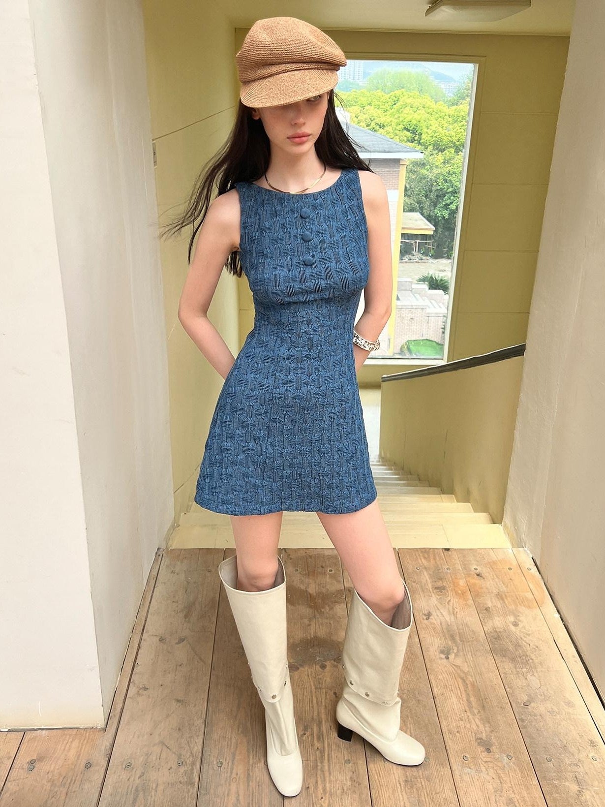 The NeverMore Textured Denim Sleeveless Cinched Waist Women&