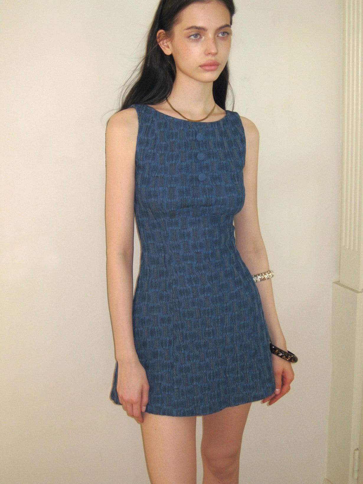 The NeverMore Textured Denim Sleeveless Cinched Waist Women&