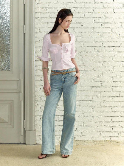 The NeverMore Vintage Square Neck Waist Cinch Slim Mid Sleeve Women&