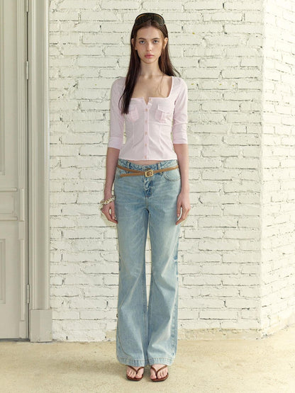 The NeverMore Vintage Square Neck Waist Cinch Slim Mid Sleeve Women&