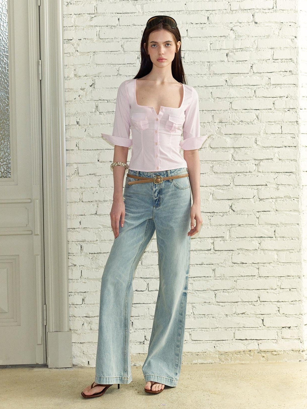 The NeverMore Vintage Square Neck Waist Cinch Slim Mid Sleeve Women&