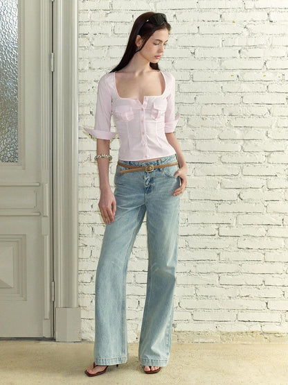 The NeverMore Vintage Square Neck Waist Cinch Slim Mid Sleeve Women&