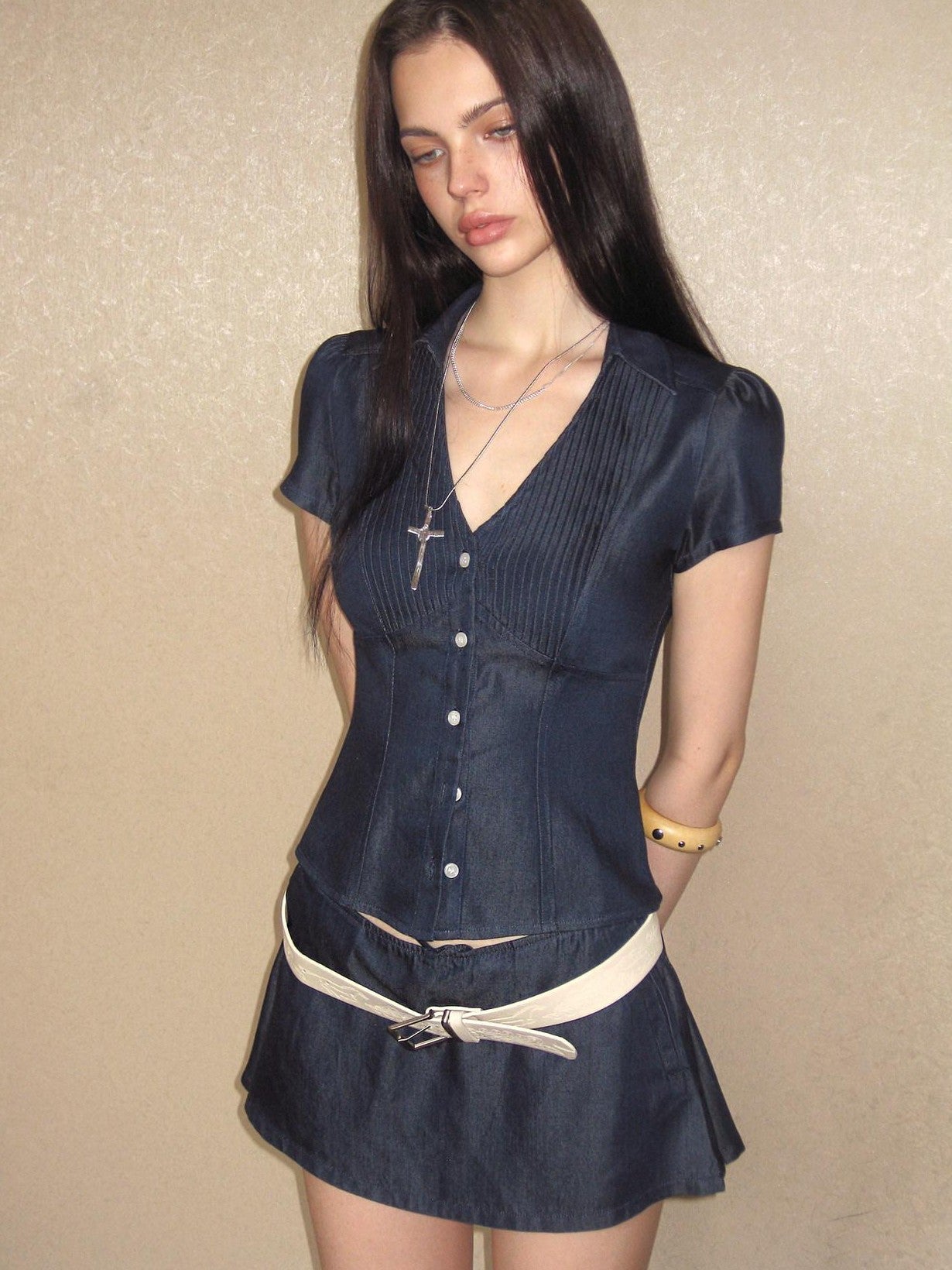 The NeverMore Vintage Washed V-neck Cropped Shirt High Waist Women&