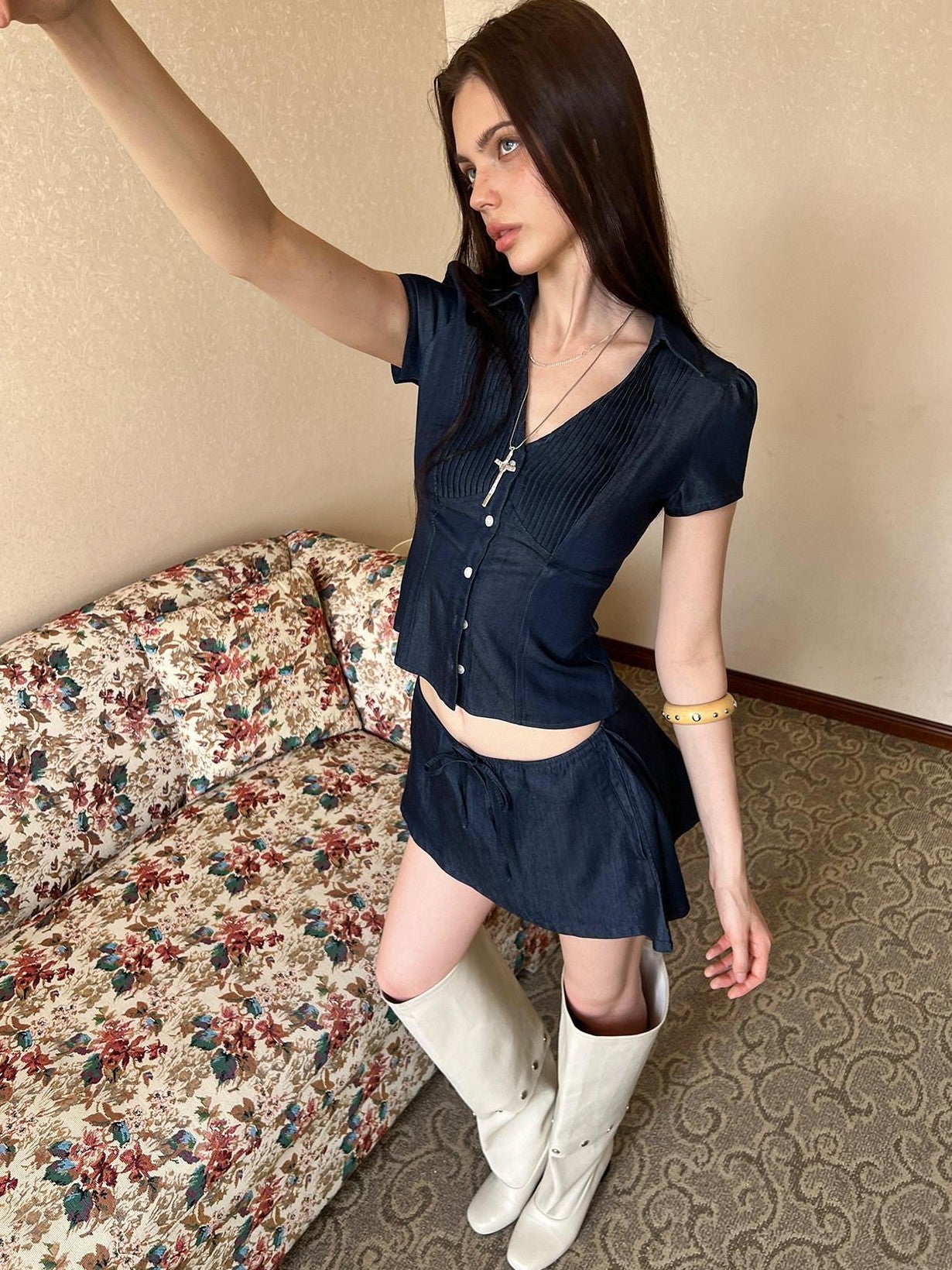 The NeverMore Vintage Washed V-neck Cropped Shirt High Waist Women&