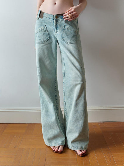 The NeverMore Washed Blue Suede Patch Spliced V Waist Pocket Women&