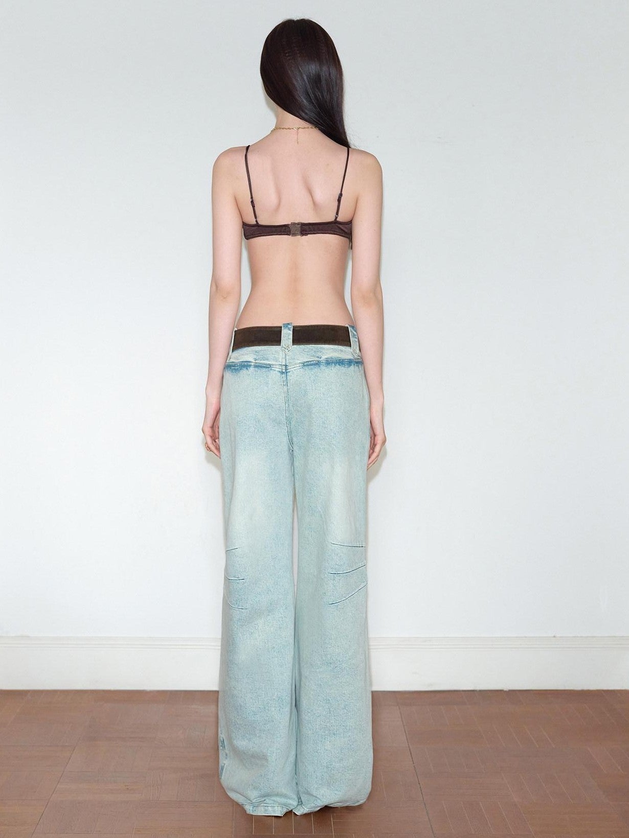 The NeverMore Washed Blue Suede Patch Spliced V Waist Pocket Women&