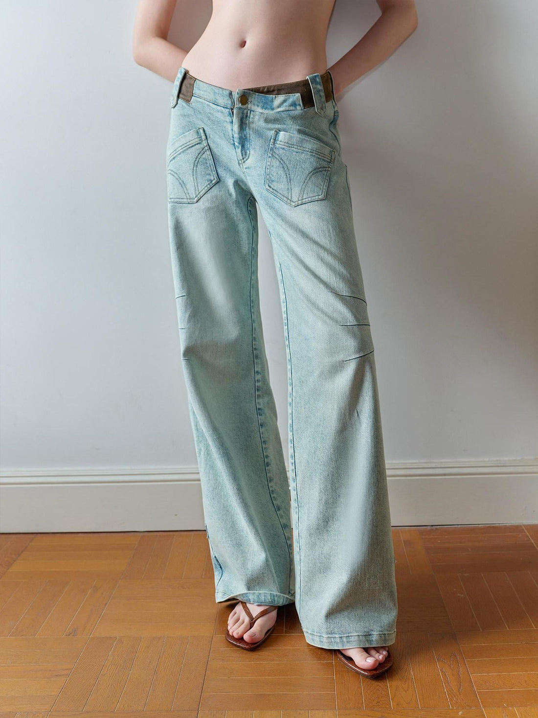 The NeverMore Washed Blue Suede Patch Spliced V Waist Pocket Women&