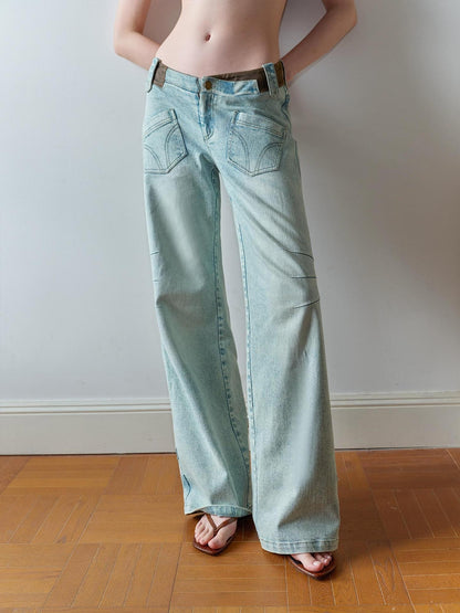 The NeverMore Washed Blue Suede Patch Spliced V Waist Pocket Women&