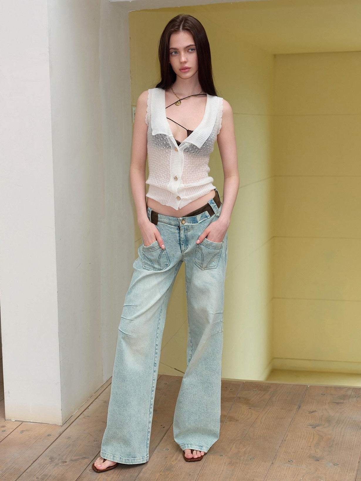The NeverMore Washed Blue Suede Patch Spliced V Waist Pocket Women&