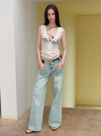 The NeverMore Washed Blue Suede Patch Spliced V Waist Pocket Women&