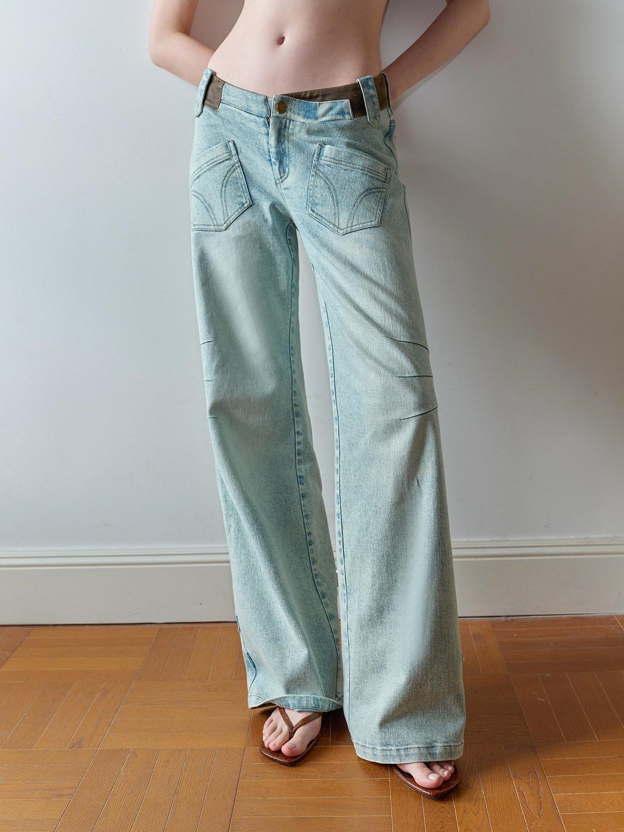The NeverMore Washed Blue Suede Patch Spliced V Waist Pocket Women&