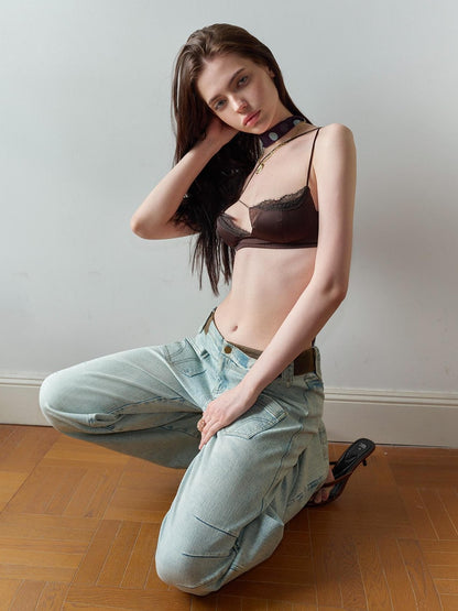 The NeverMore Washed Blue Suede Patch Spliced V Waist Pocket Women&