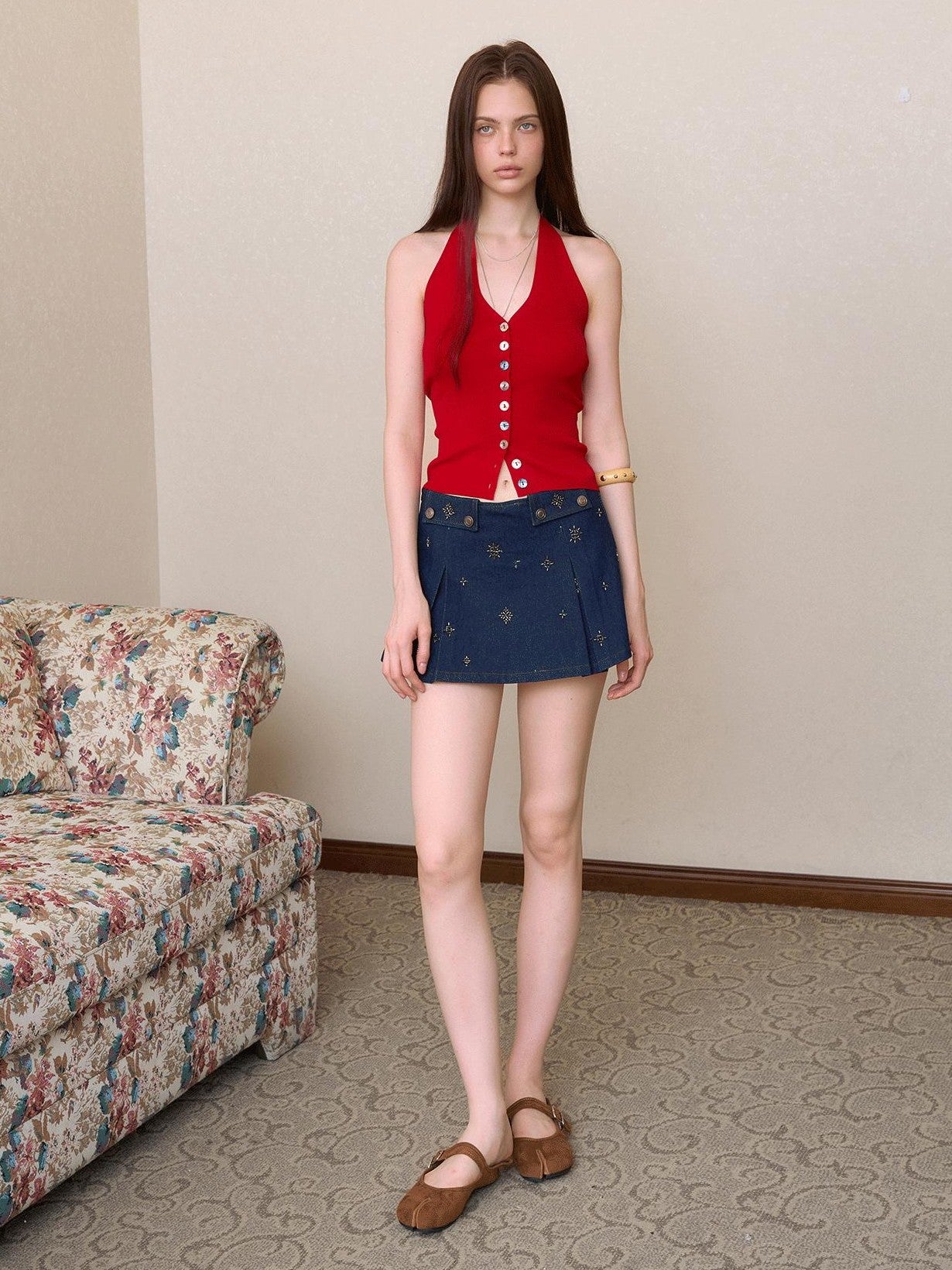 The NeverMore Washed Denim Gold Thread Embroidery Contrast Pleated Women&