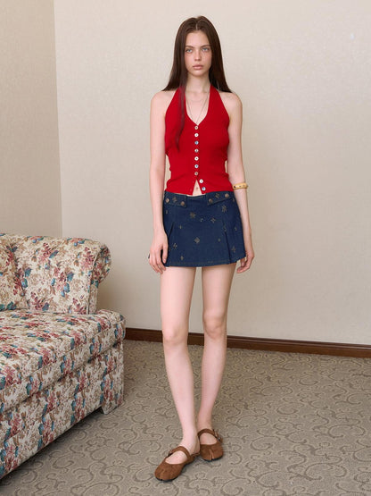 The NeverMore Washed Denim Gold Thread Embroidery Contrast Pleated Women&