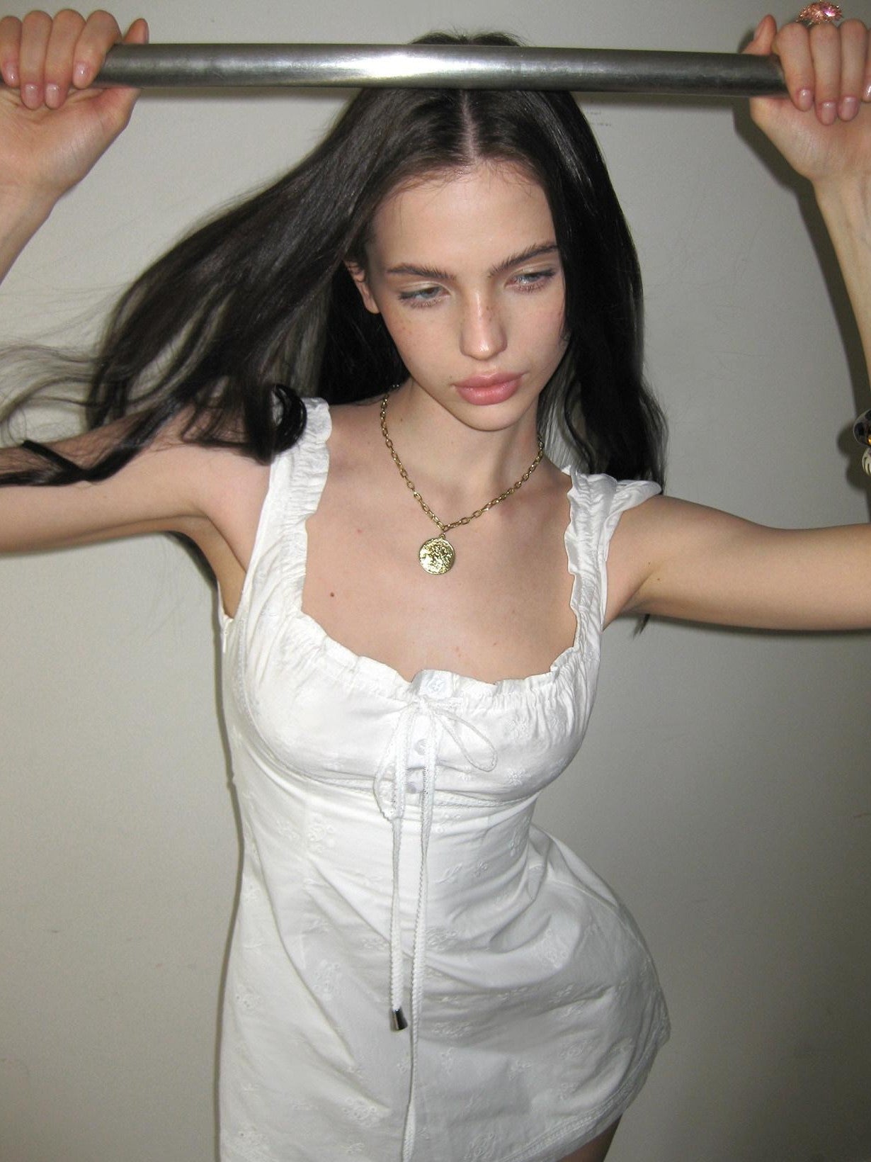 The NeverMore White Tie Waist Square Neck Eyelet A Line Women&