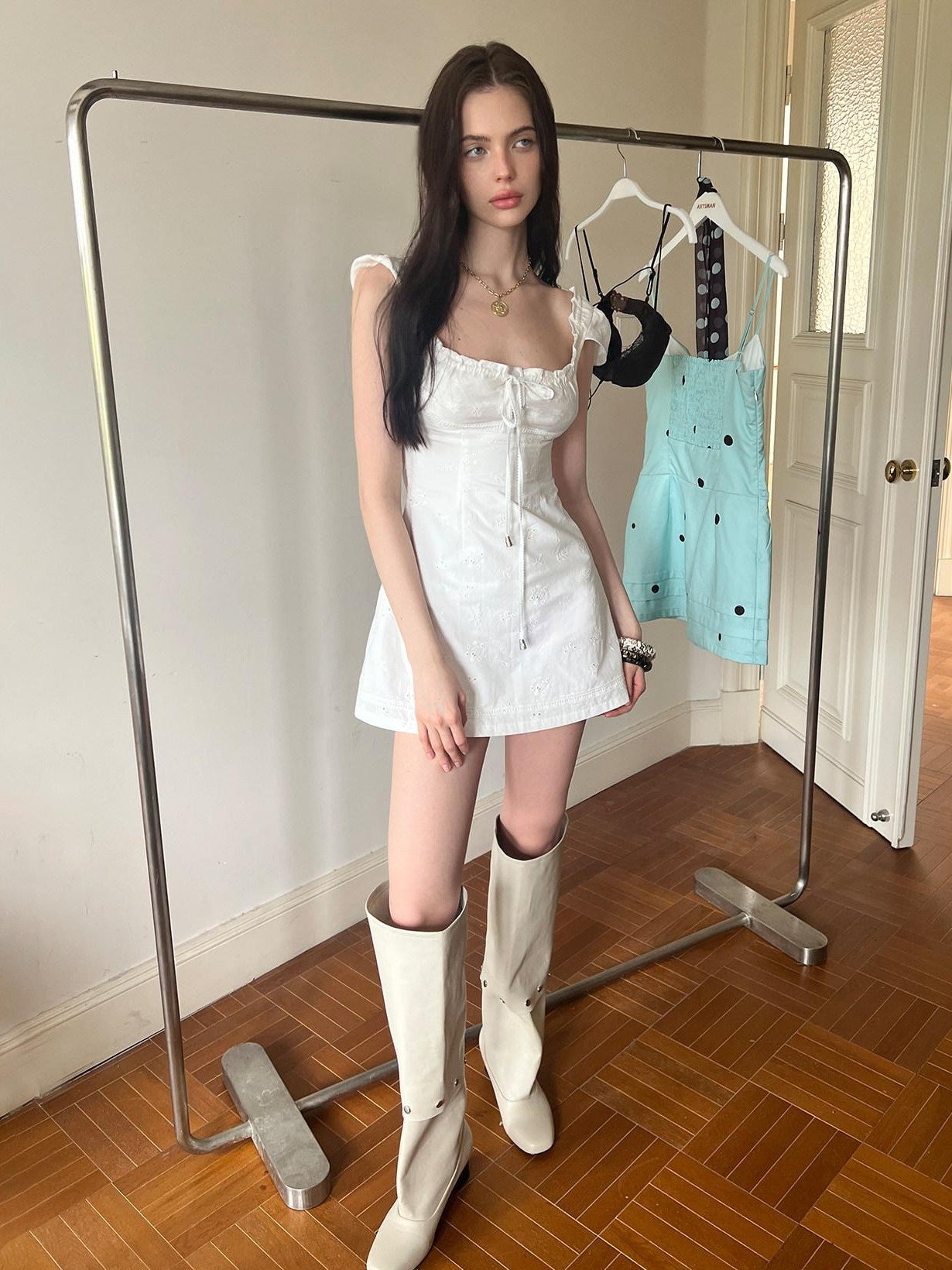 The NeverMore White Tie Waist Square Neck Eyelet A Line Women&