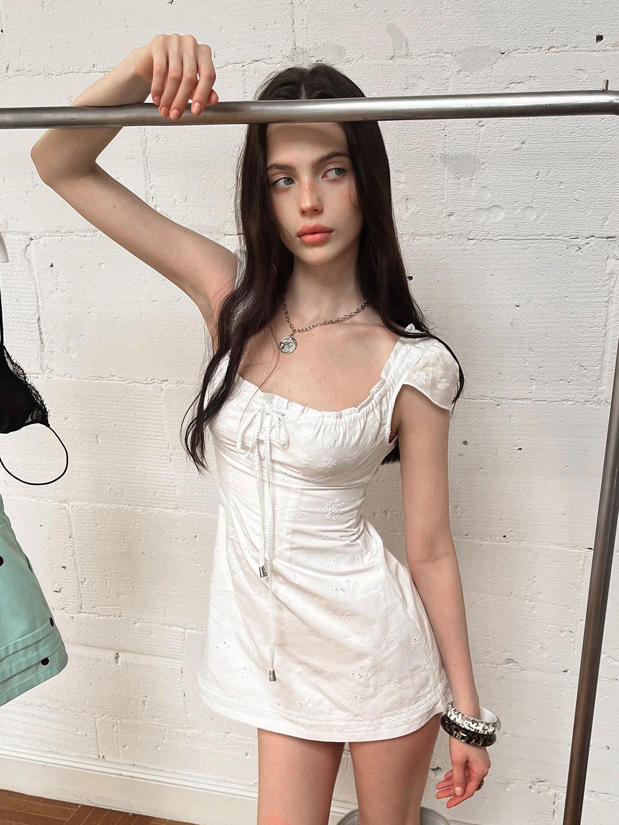 The NeverMore White Tie Waist Square Neck Eyelet A Line Women&