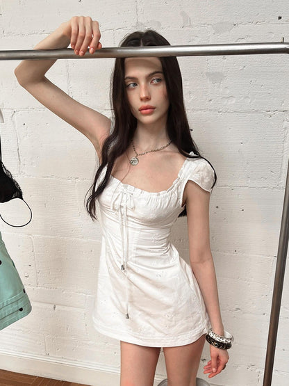 The NeverMore White Tie Waist Square Neck Eyelet A Line Women&