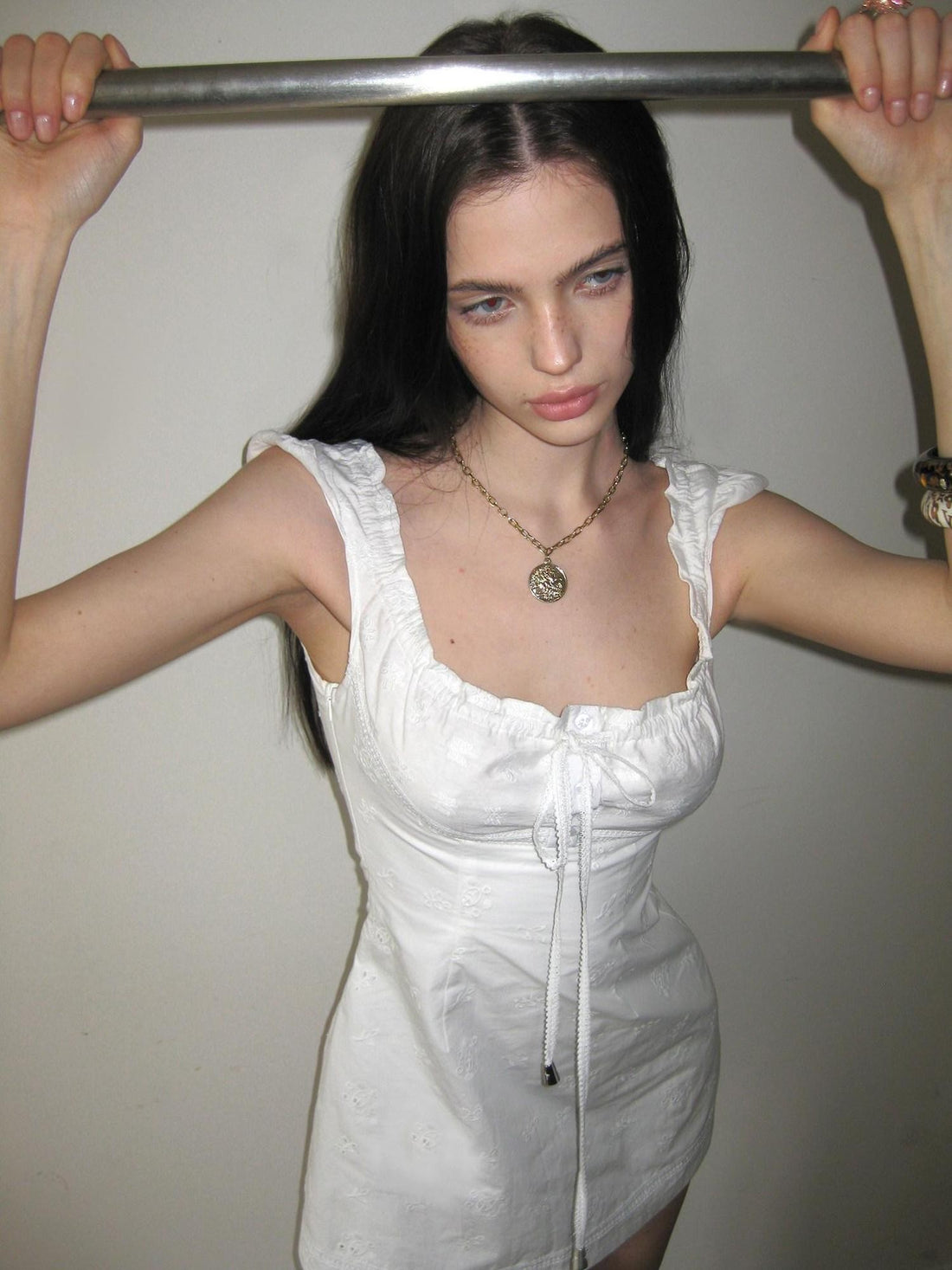 The NeverMore White Tie Waist Square Neck Eyelet A Line Women&