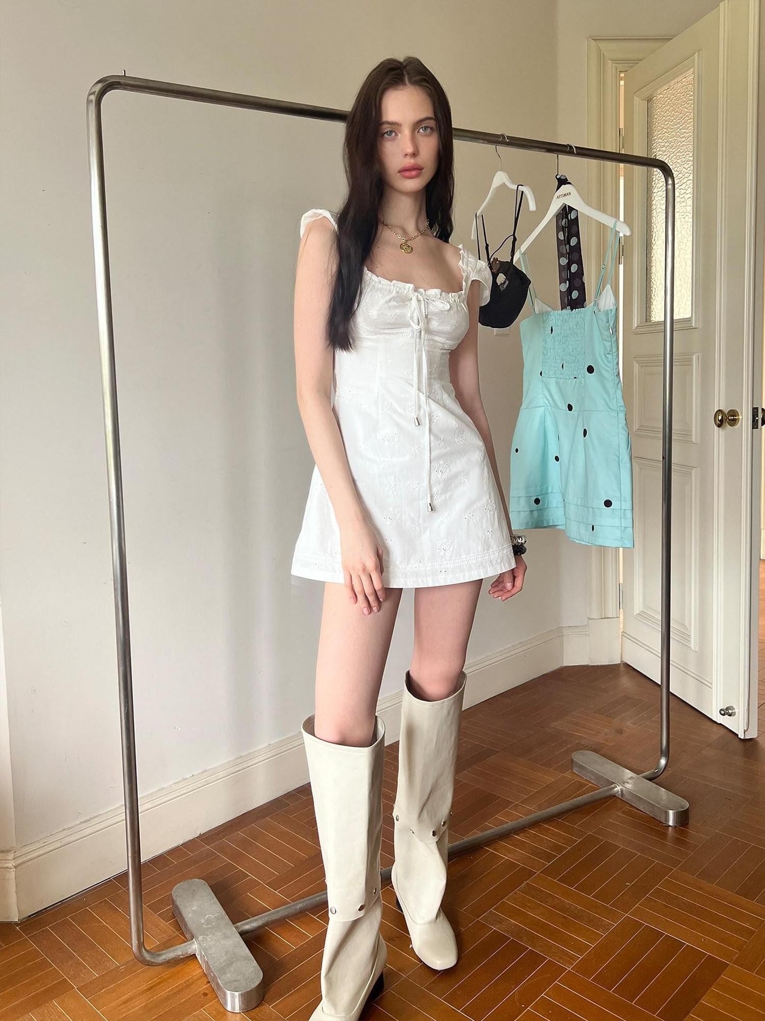 The NeverMore White Tie Waist Square Neck Eyelet A Line Women&