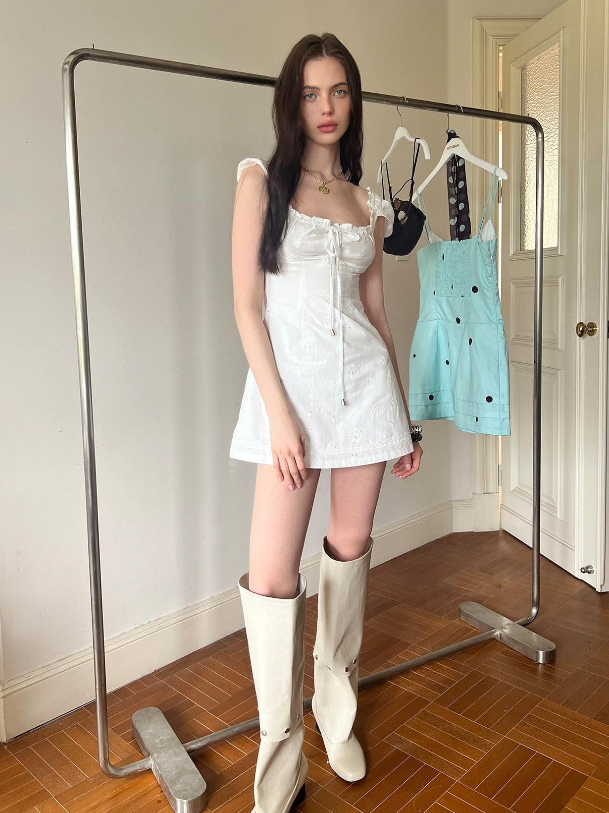 The NeverMore White Tie Waist Square Neck Eyelet A Line Women&