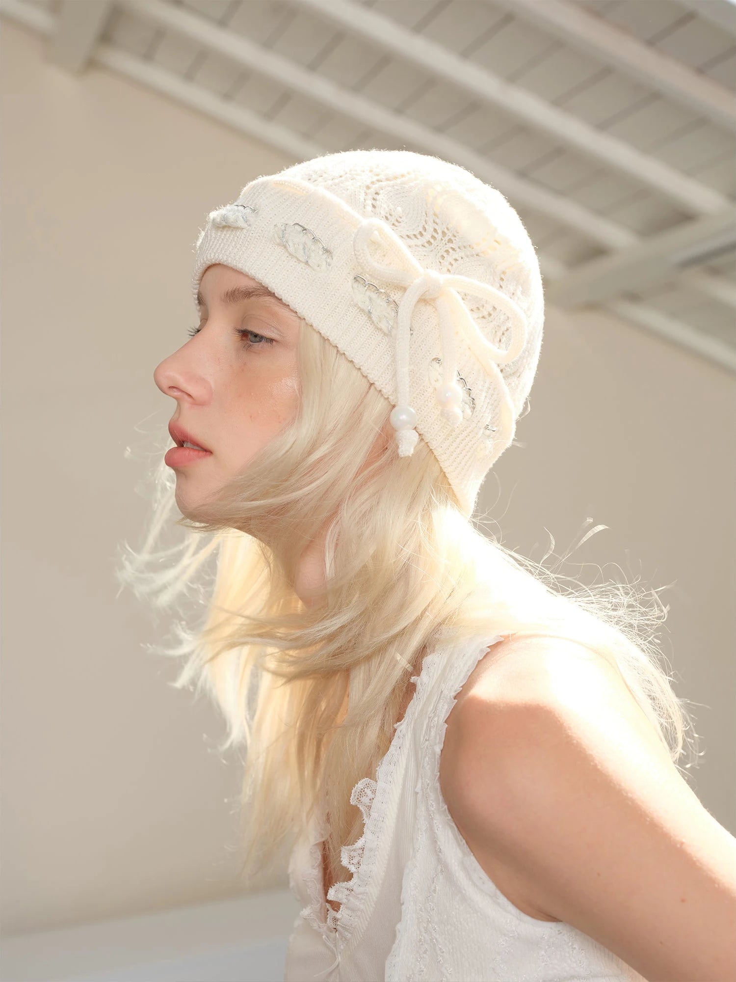 Bow Knot Beaded Lace Up Hollow Knit Headband