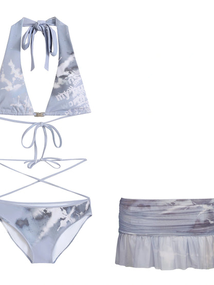 Underwater Dream Mesh Swimsuit Set V Neck T Shirt Long Sleeve