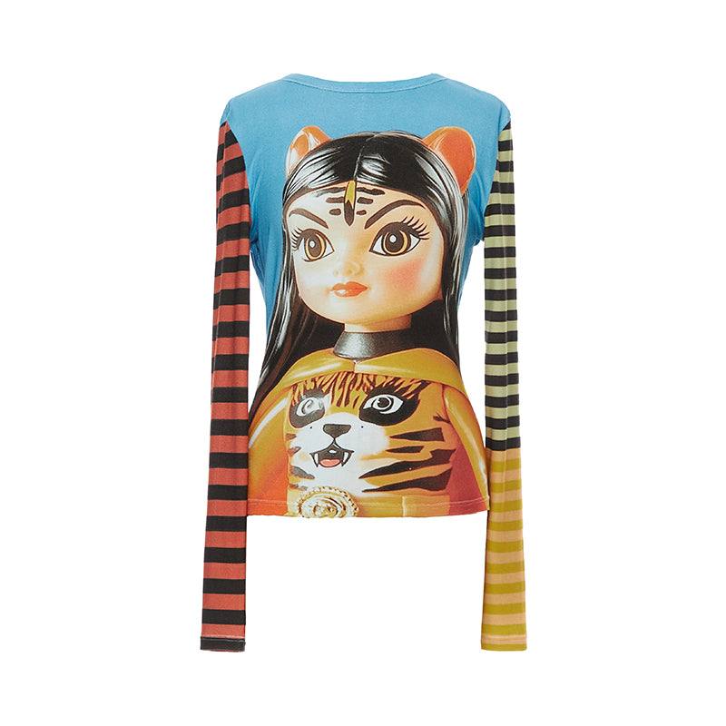 YOSHUYUKI Tiger Girl Print Striped Sleeve Round Neck Tee