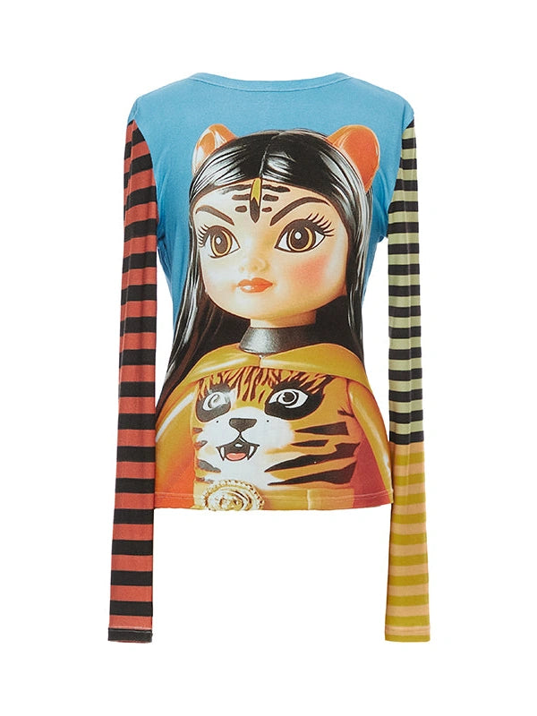 Tiger Girl Print Striped Sleeve Round Neck Tee