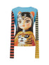 Tiger Girl Print Striped Sleeve Round Neck Tee